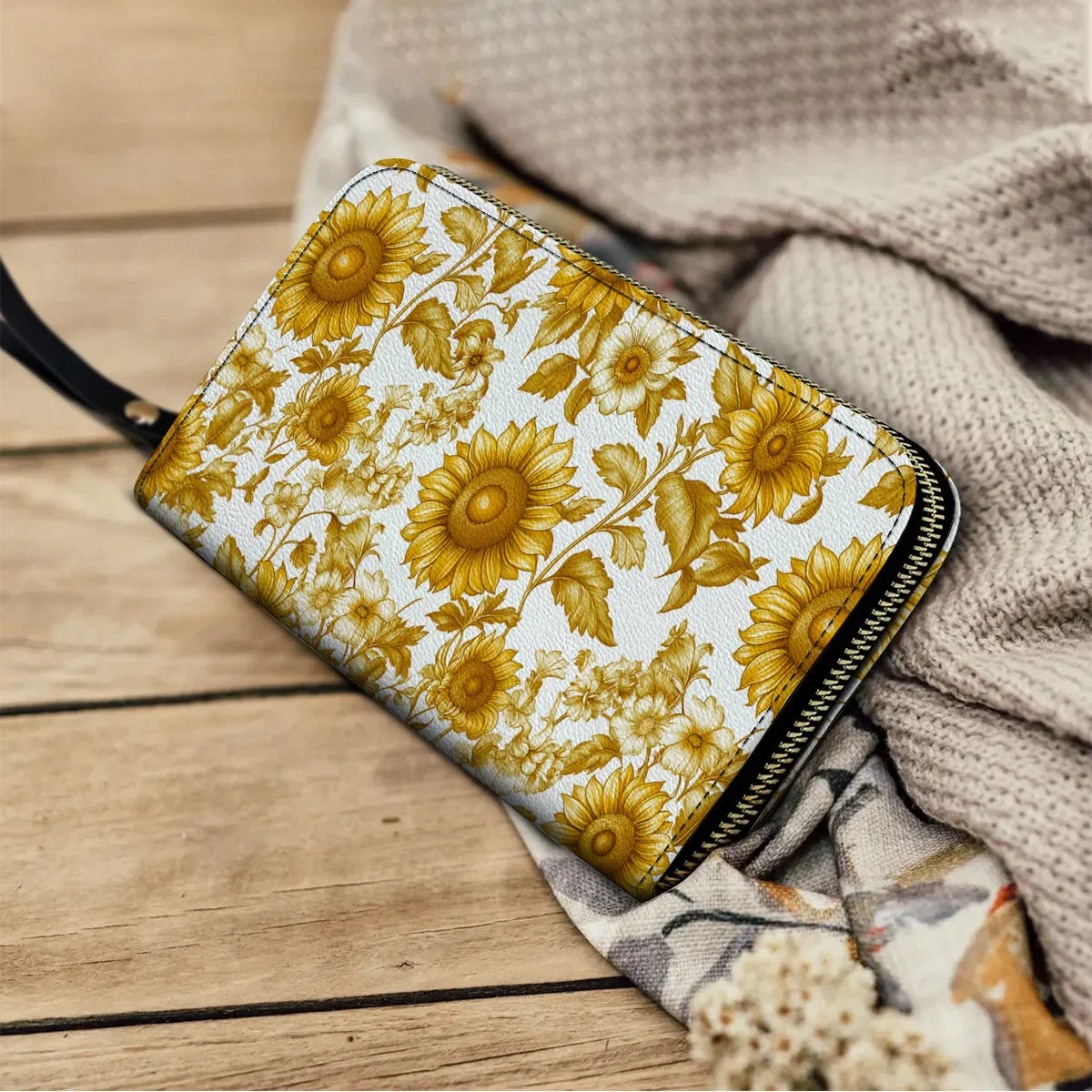  Leather Clutch Purse With Wristlet Strap Handle Golden Sunflower Bloom
