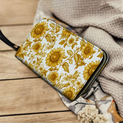  Leather Clutch Purse With Wristlet Strap Handle Golden Sunflower Bloom