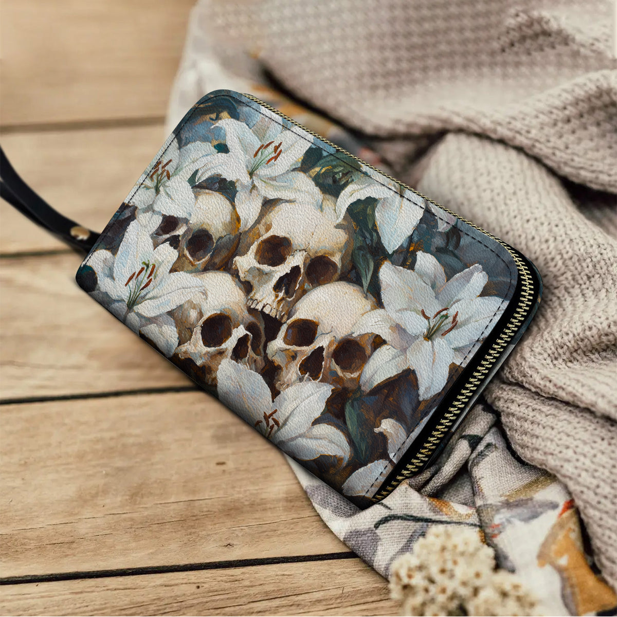  Leather Clutch Purse With Wristlet Strap Handle Mystic Skull & White Lilies