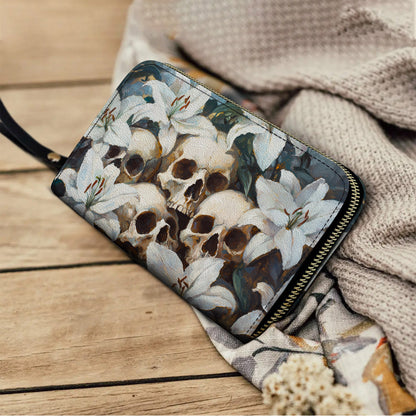  Leather Clutch Purse With Wristlet Strap Handle Mystic Skull & White Lilies