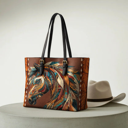  Tribal Horse Majesty Leather Tote Bag