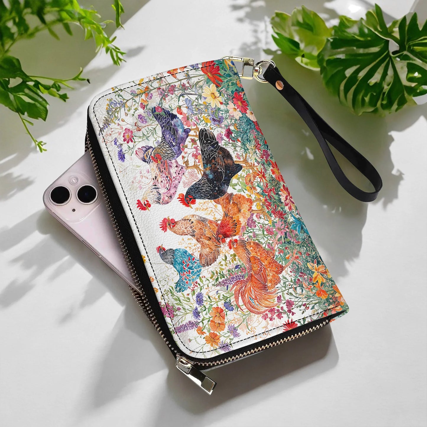  Leather Clutch Purse With Wristlet Strap Handle Chicken Rooster Garden Bliss