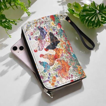 Leather Clutch Purse With Wristlet Strap Handle Chicken Rooster Garden Bliss