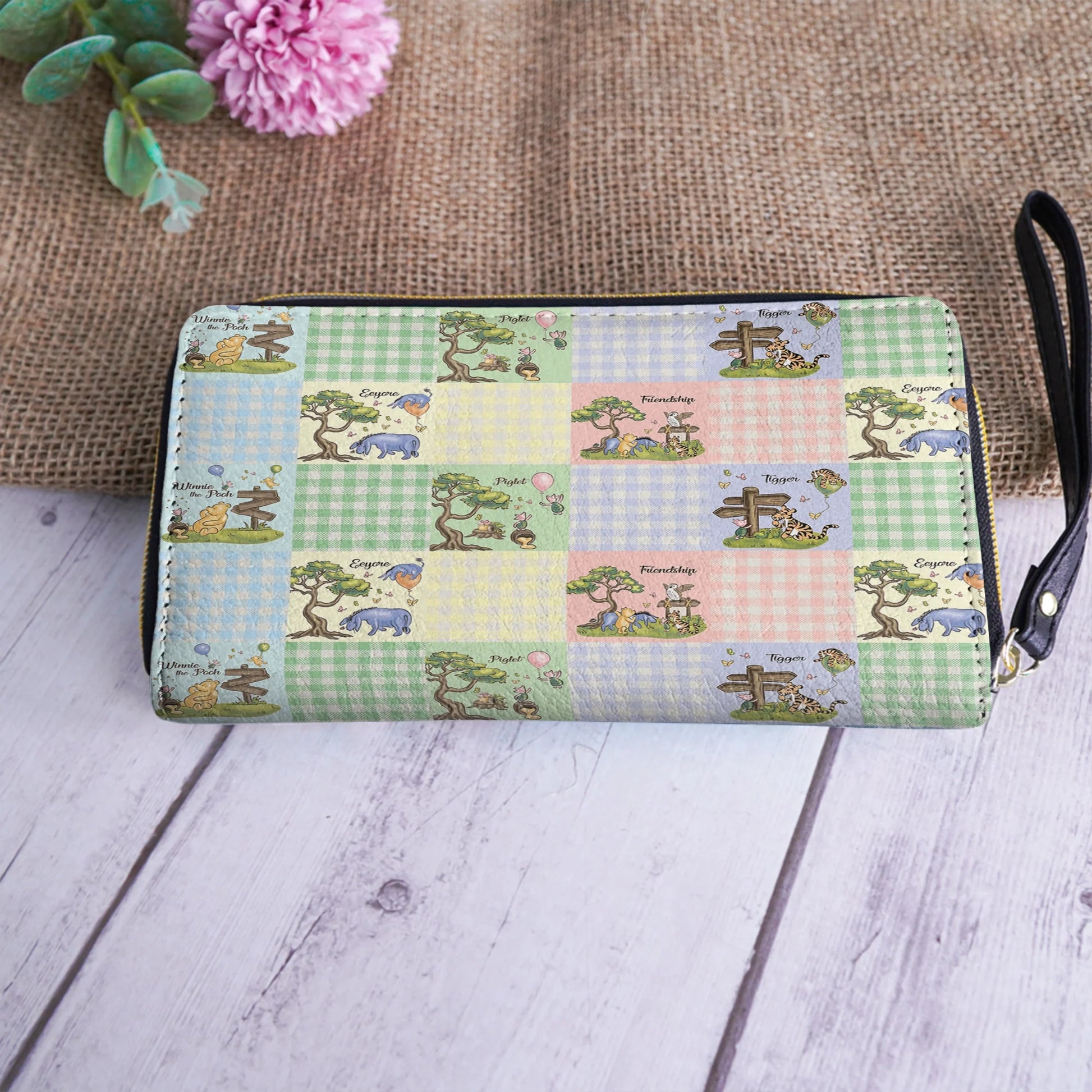  Leather Clutch Purse With Wristlet Strap Handle Winnie the Pooh Patchwork Dreams