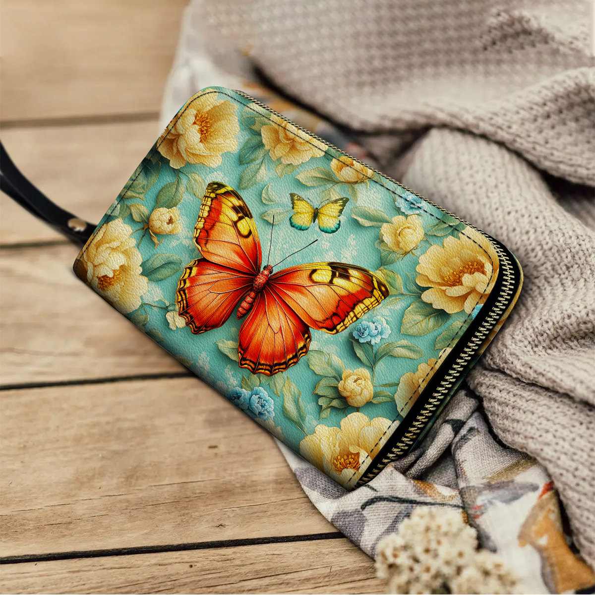 Leather Clutch Purse With Wristlet Strap Handle Radiant Summer Butterfly