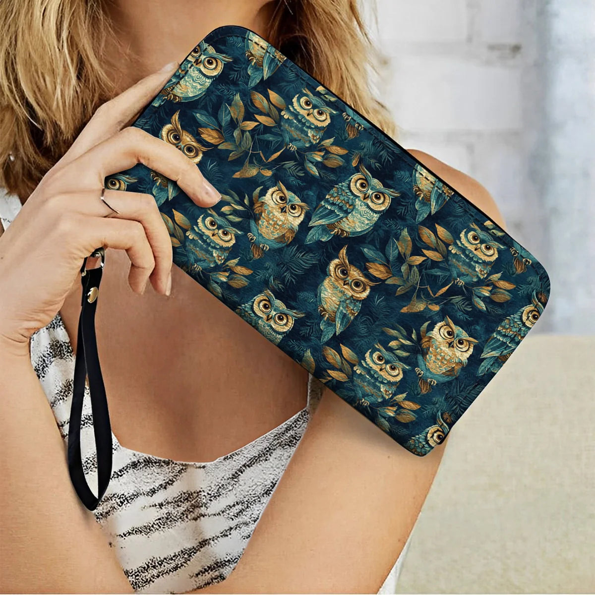  Leather Clutch Purse With Wristlet Strap Handle Nightfall Owl Symphony