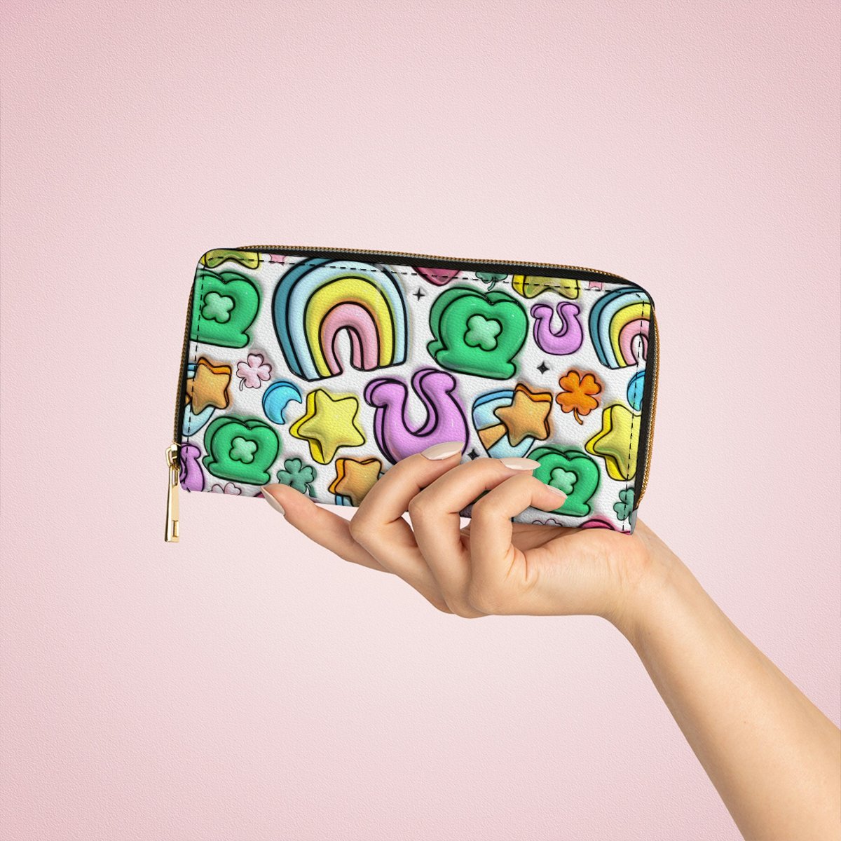  Leather Clutch Purse With Wristlet Strap Handle Lucky Charms