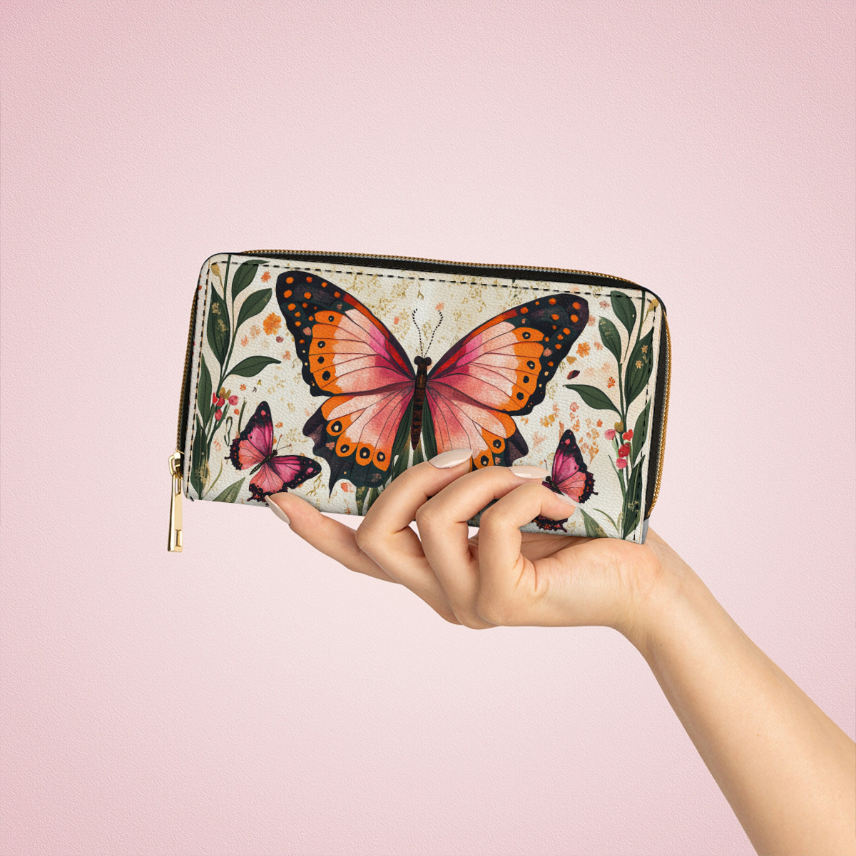  Leather Clutch Purse With Wristlet Strap Handle Winged Elegance