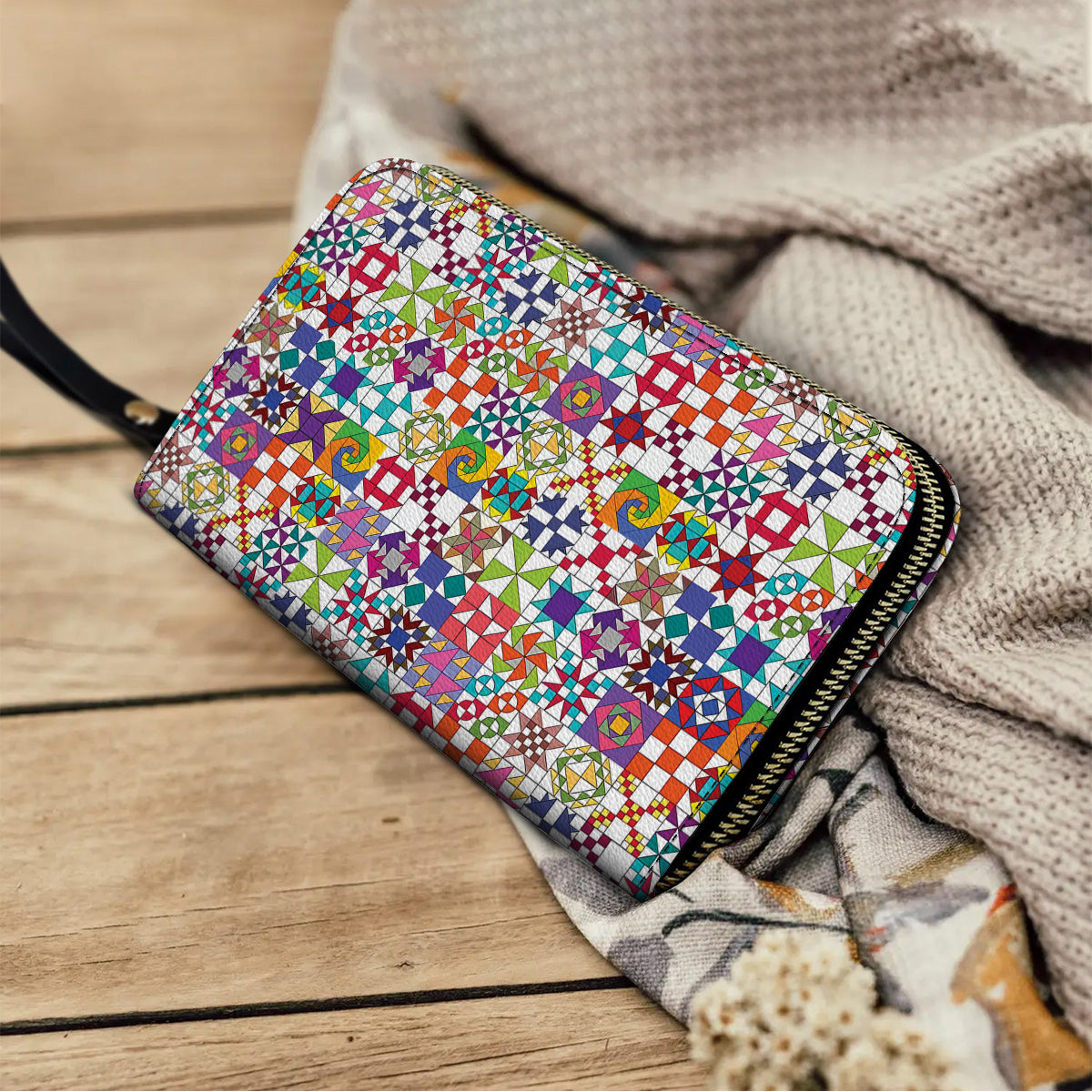  Leather Clutch Purse With Wristlet Strap Handle Colorful Quilting Blocks