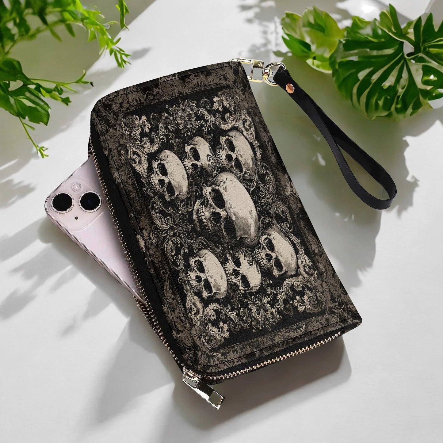  Leather Clutch Purse With Wristlet Strap Handle Gothic Skull Majesty