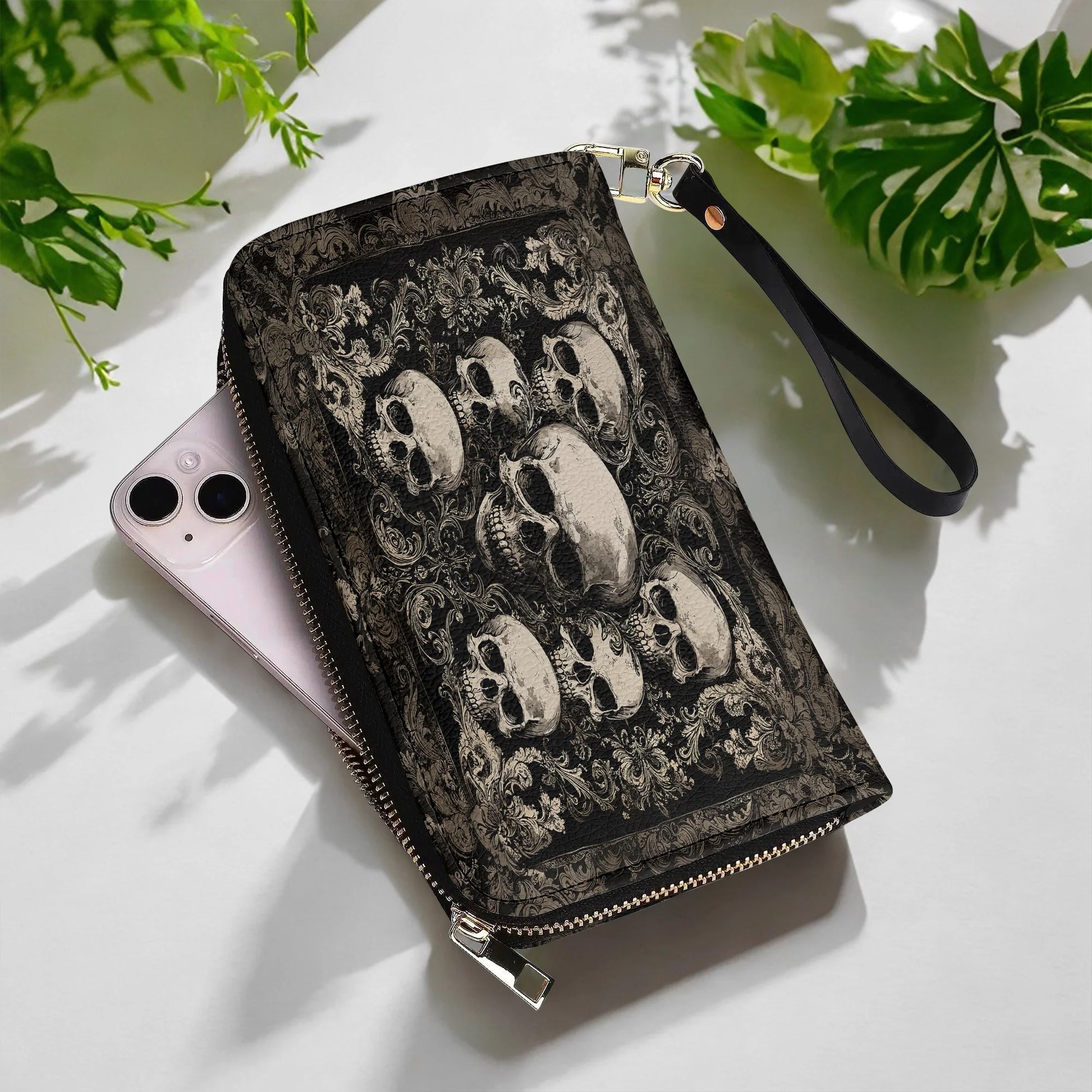  Leather Clutch Purse With Wristlet Strap Handle Gothic Skull Majesty