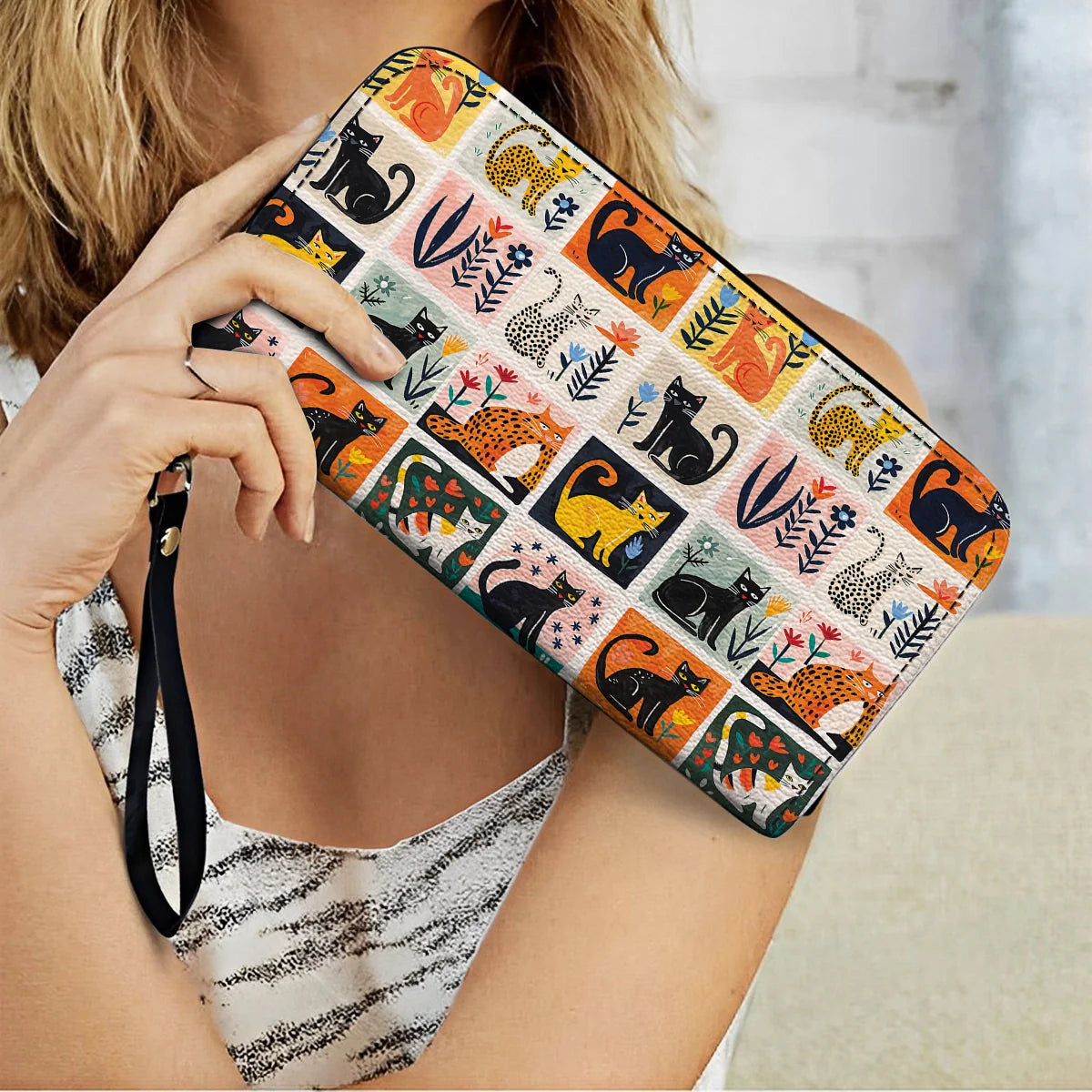  Leather Clutch Purse With Wristlet Strap Handle Cat Fantasy Garden