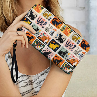  Leather Clutch Purse With Wristlet Strap Handle Cat Fantasy Garden