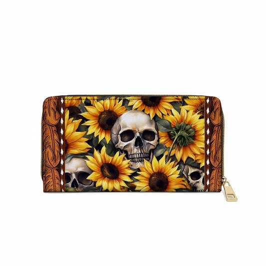  Leather Clutch Purse With Wristlet Strap Handle Sunflower Skull