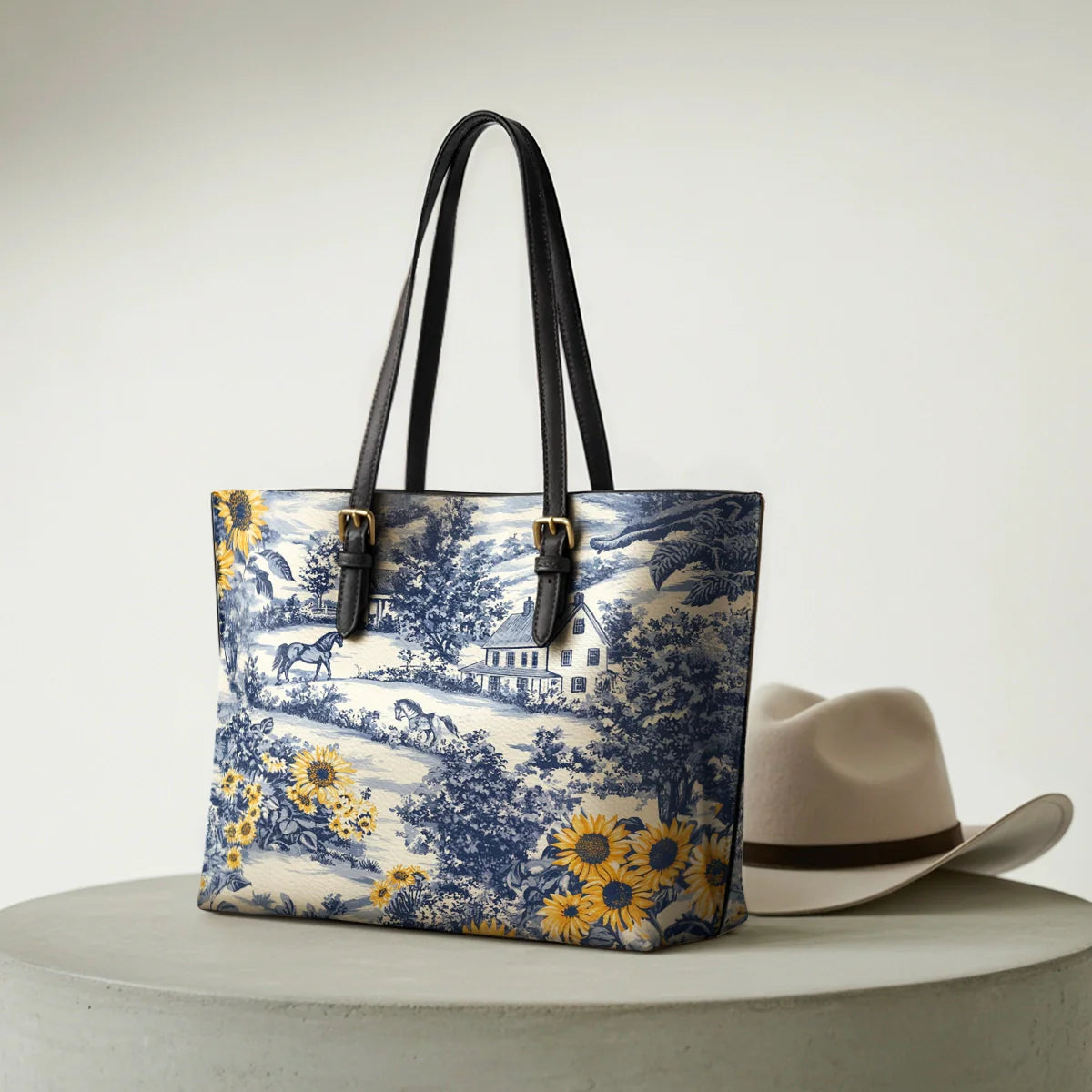  Toile Sunflower Prairie Leather Tote Bag