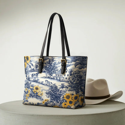  Toile Sunflower Prairie Leather Tote Bag