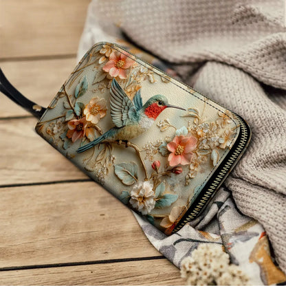  Leather Clutch Purse With Wristlet Strap Handle Hummingbird Whisper