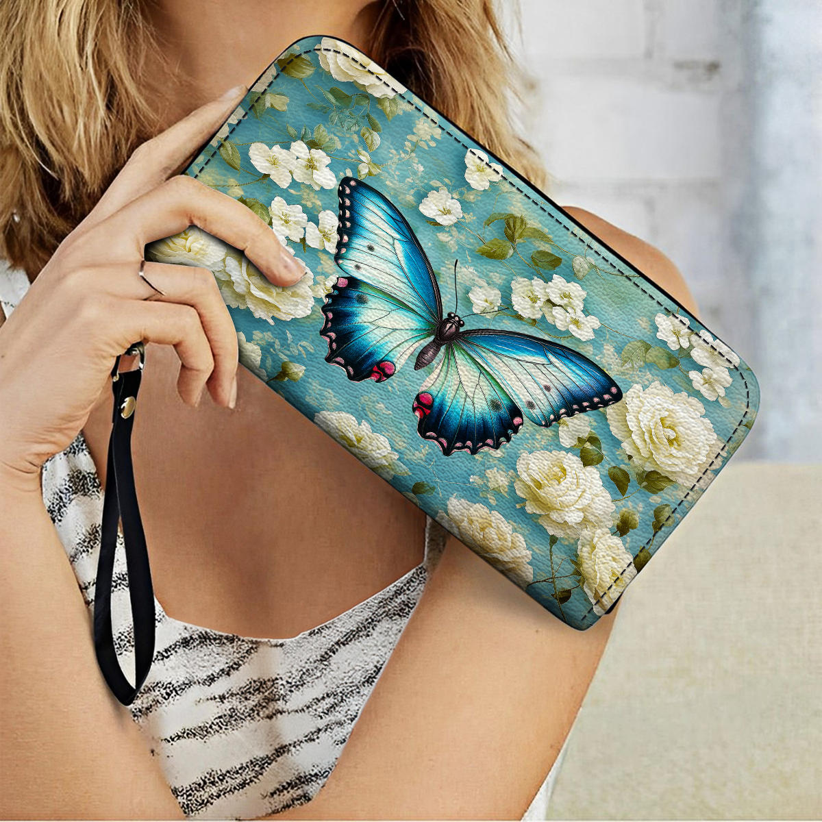  Leather Clutch Purse With Wristlet Strap Handle Frosty Winter Butterfly