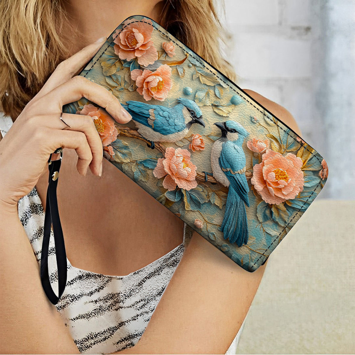  Leather Clutch Purse With Wristlet Strap Handle Bluebird Bliss