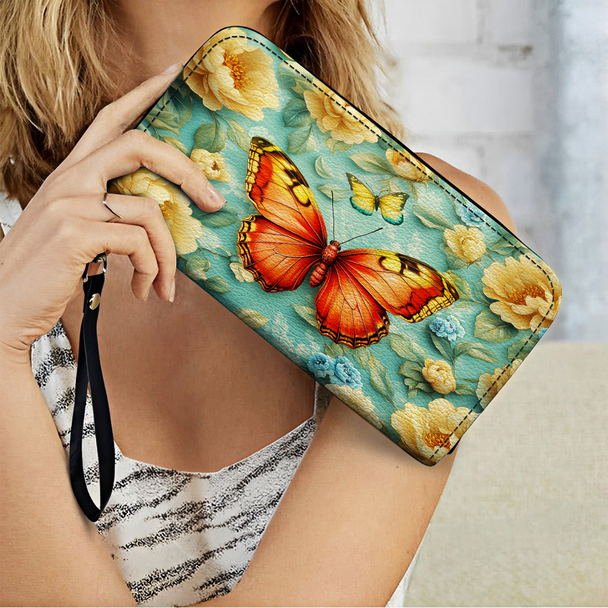  Leather Clutch Purse With Wristlet Strap Handle Radiant Summer Butterfly