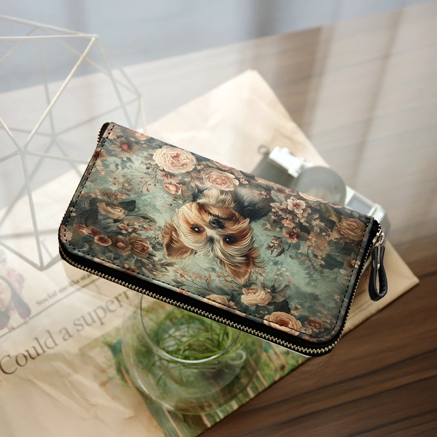  Leather Clutch Purse With Wristlet Strap Handle Yorkie Blossom Luxe