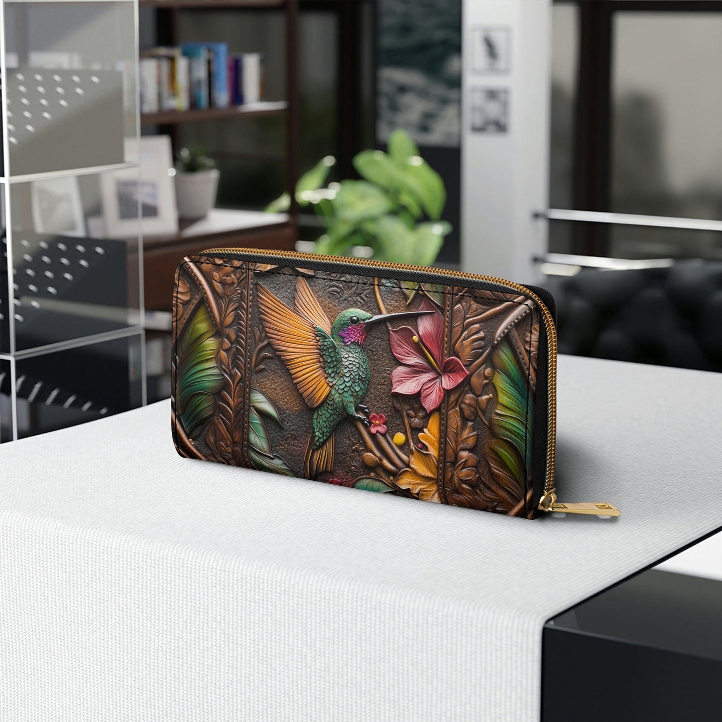  Leather Clutch Purse With Wristlet Strap Handle Embossed Hummingbird
