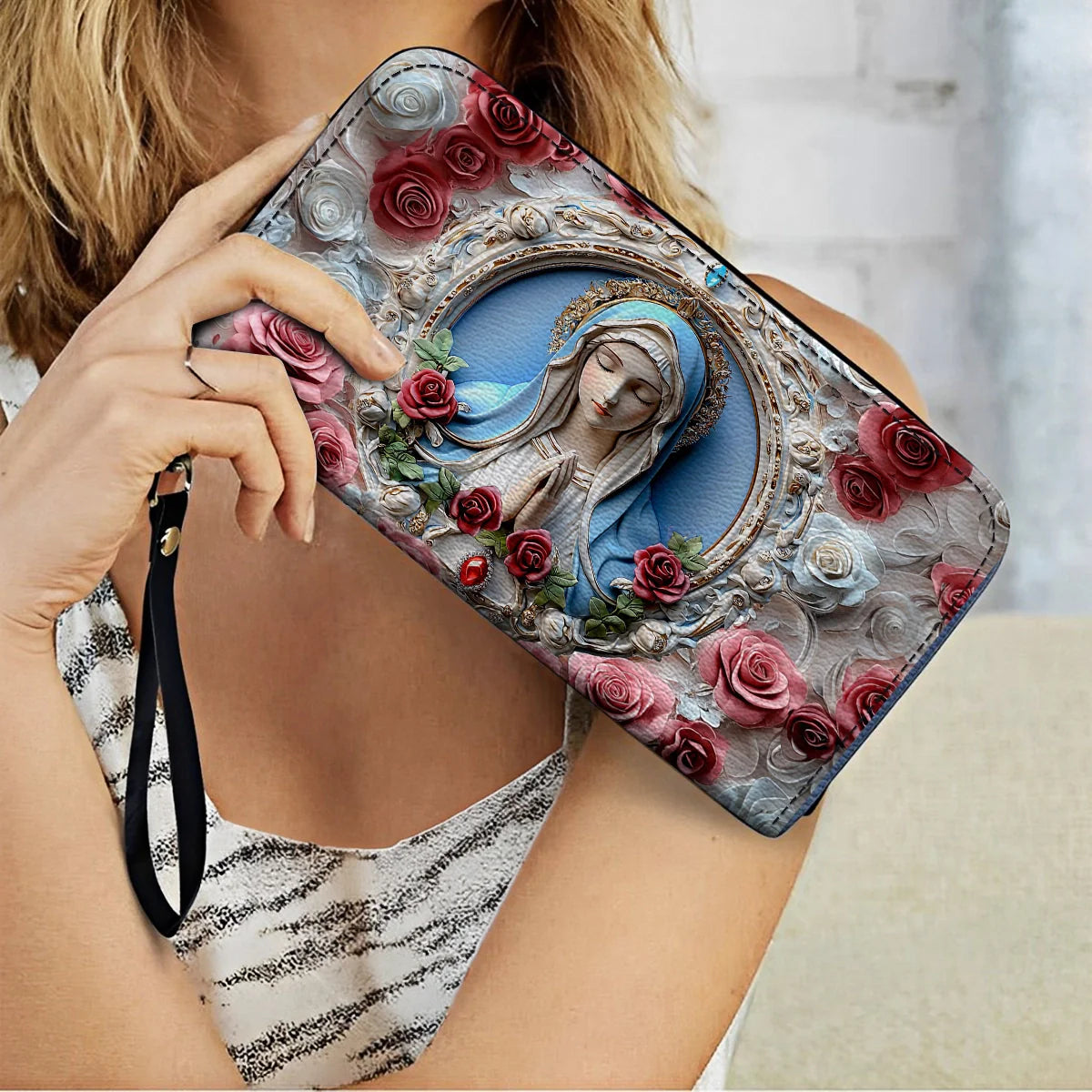  Leather Clutch Purse With Wristlet Strap Handle Sacred Heart Virgin Mary