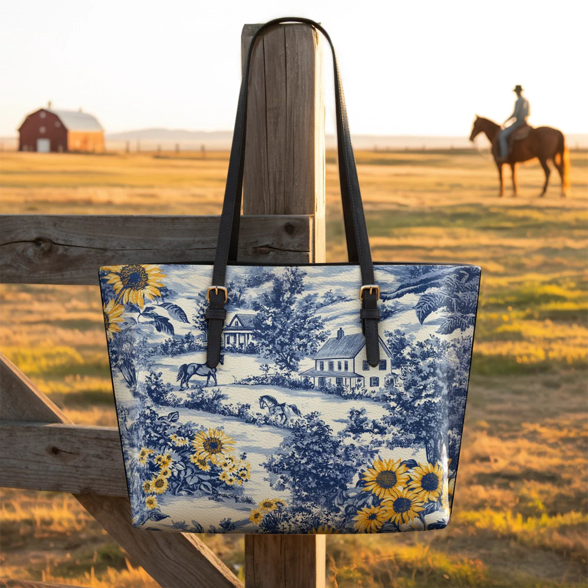  Toile Sunflower Prairie Leather Tote Bag