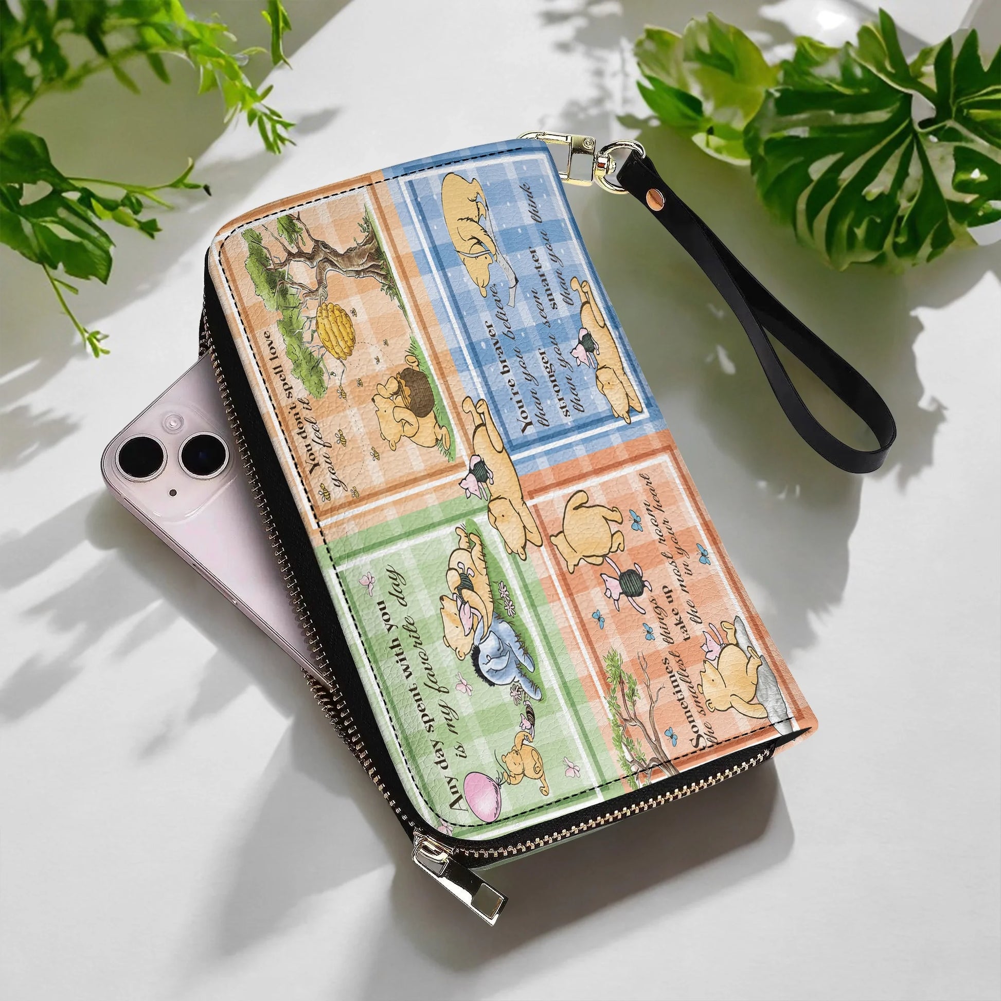  Leather Clutch Purse With Wristlet Strap Handle Winnie the Pooh Patchwork Bliss