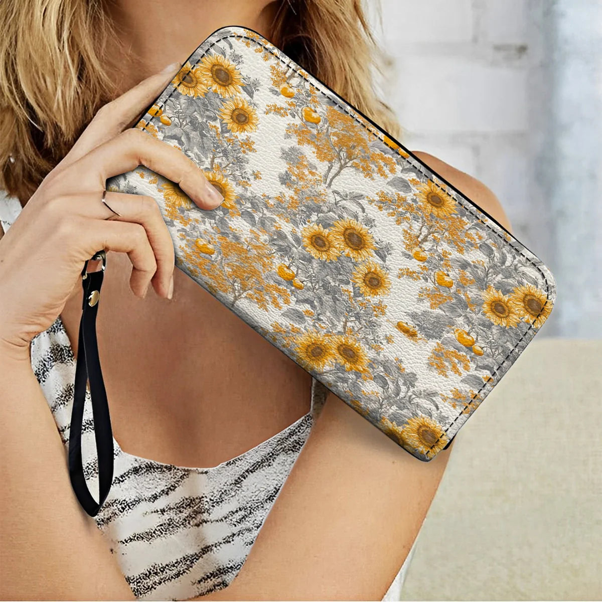  Leather Clutch Purse With Wristlet Strap Handle Georgia Sunshine Sunflower