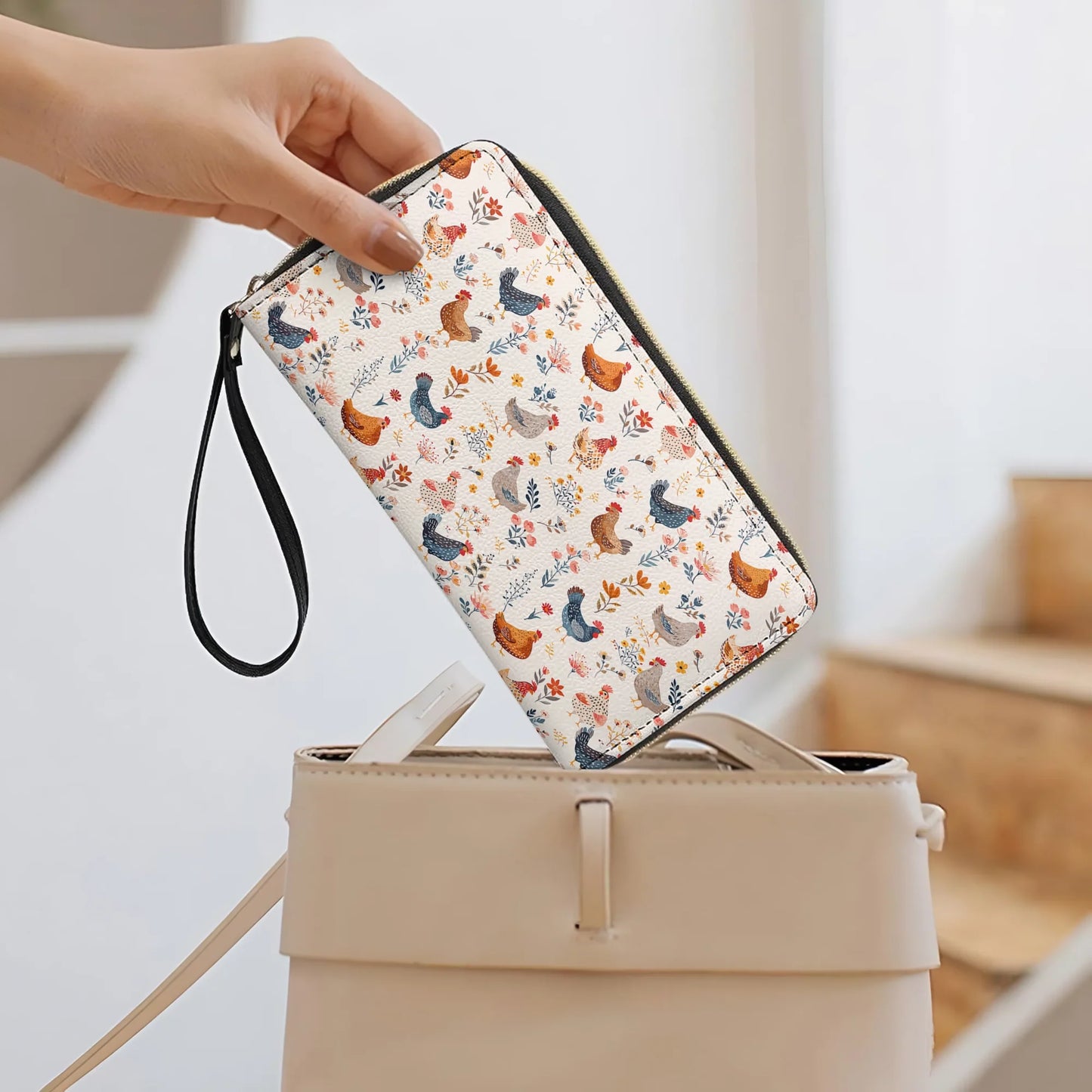  Leather Clutch Purse With Wristlet Strap Handle Chicken Flower