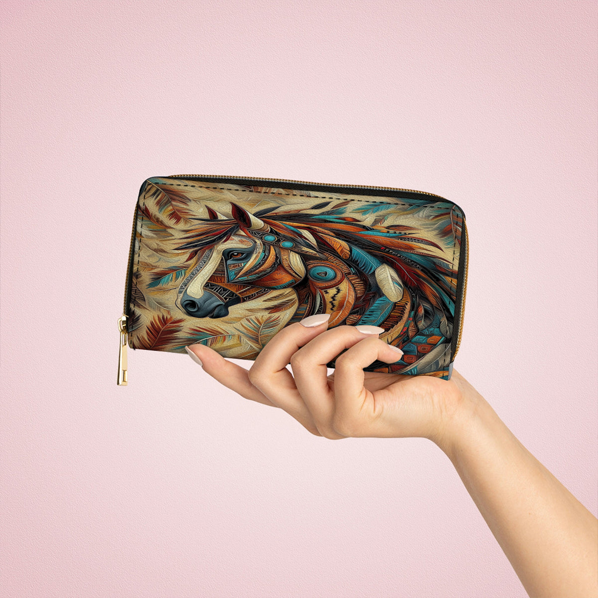  Leather Clutch Purse With Wristlet Strap Handle Tribal Spirit Stallion