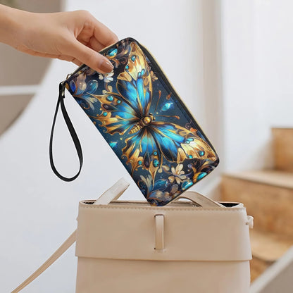  Leather Clutch Purse With Wristlet Strap Handle Butterfly Ethereal Radiance
