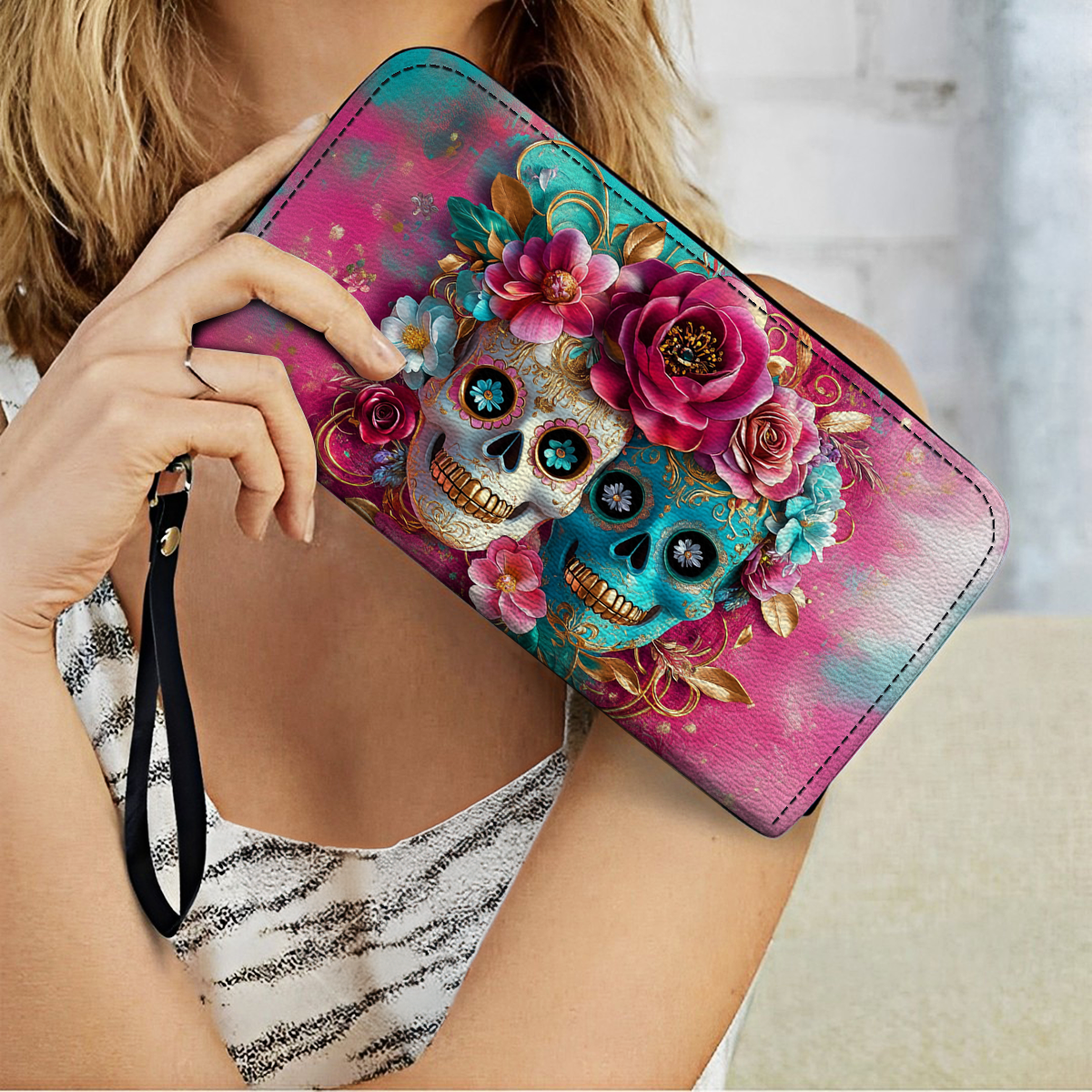  Leather Clutch Purse With Wristlet Strap Handle Sugar Skull Love