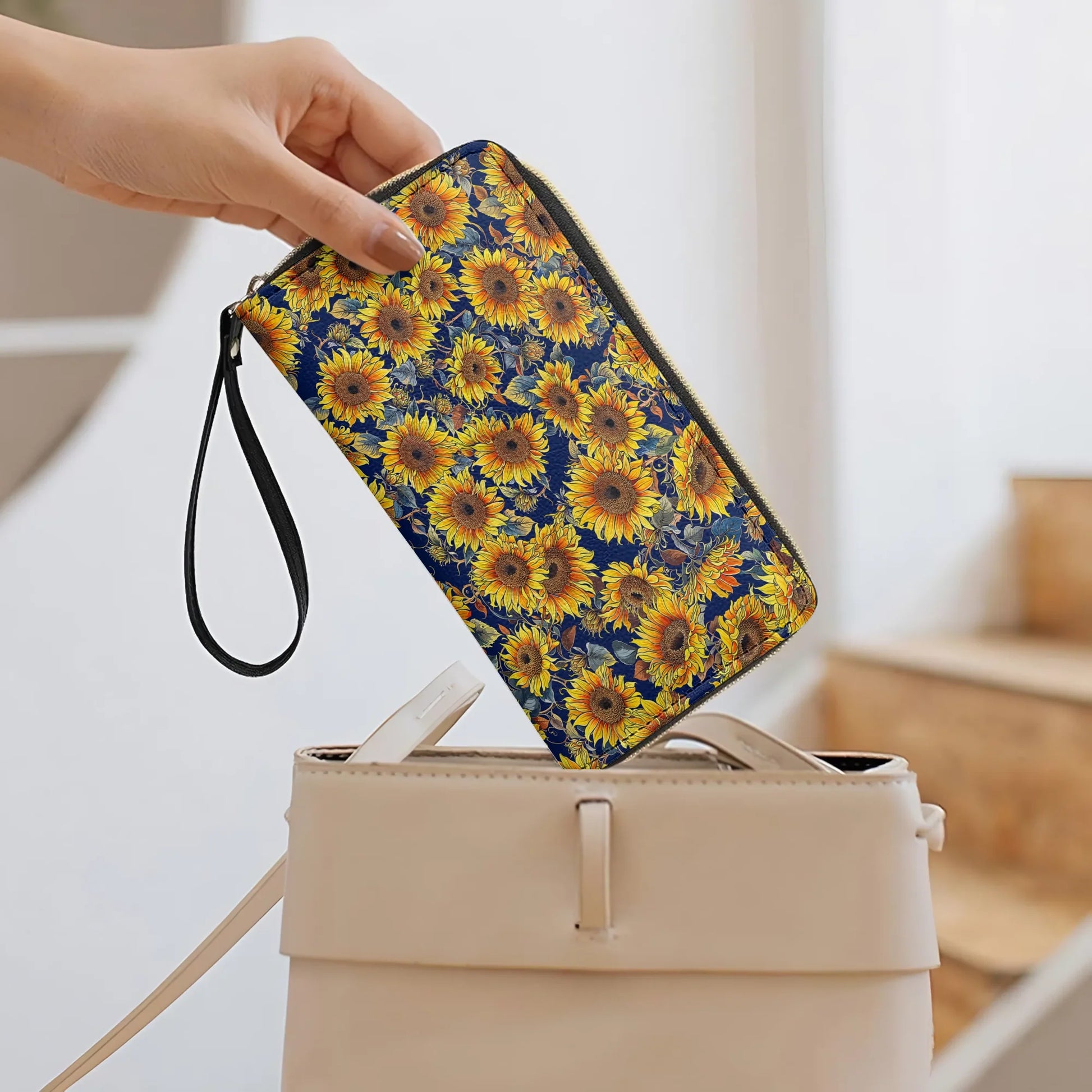  Leather Clutch Purse With Wristlet Strap Handle Sunflower Gorgeous Flower