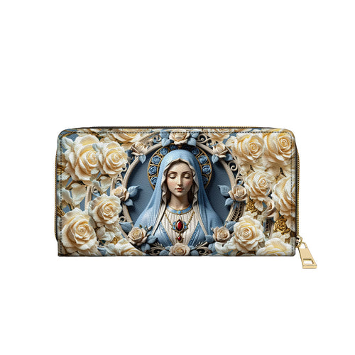  Leather Clutch Purse With Wristlet Strap Handle Blessed Virgin Mary