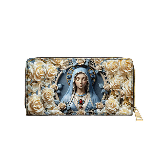  Leather Clutch Purse With Wristlet Strap Handle Blessed Virgin Mary