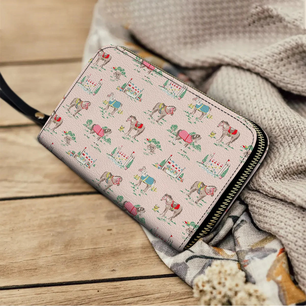  Leather Clutch Purse With Wristlet Strap Handle Horse Racing