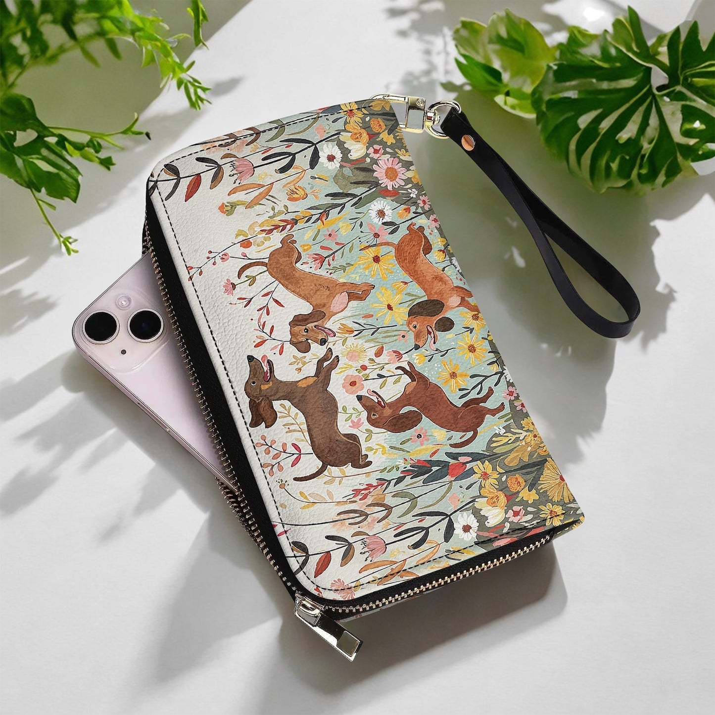  Leather Clutch Purse With Wristlet Strap Handle Dachshund Floral