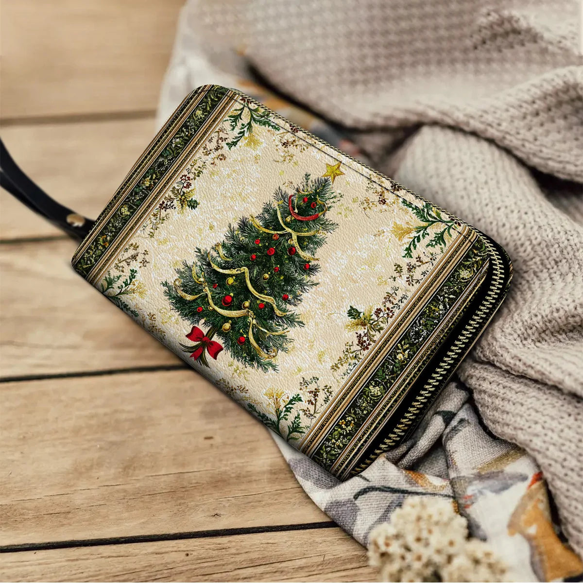  Leather Clutch Purse With Wristlet Strap Handle Classic Christmas Tree