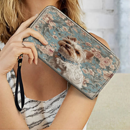  Leather Clutch Purse With Wristlet Strap Handle Yorkie Elegance