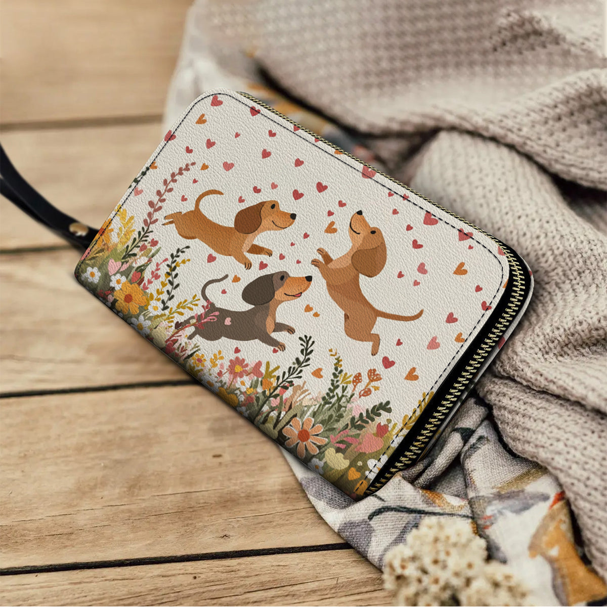  Leather Clutch Purse With Wristlet Strap Handle Floral Dachshund With Heart