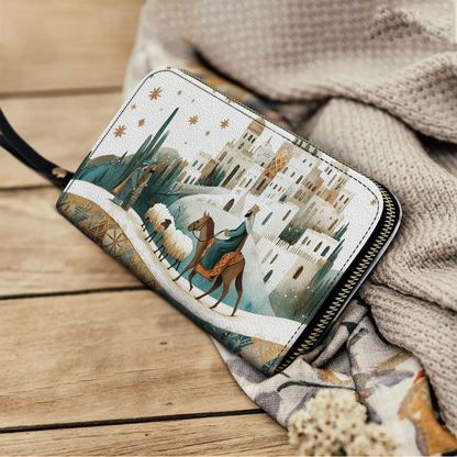  Leather Clutch Purse With Wristlet Strap Handle Starry Bethlehem Journey