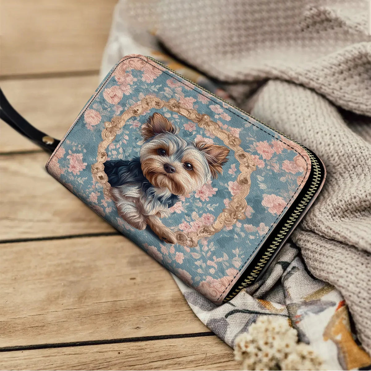  Leather Clutch Purse With Wristlet Strap Handle Yorkie Blossom Elegance