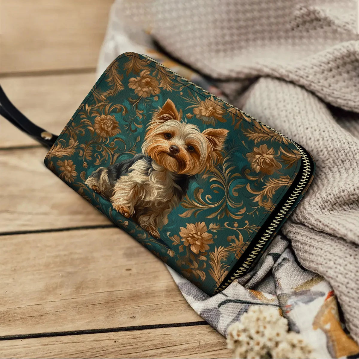  Leather Clutch Purse With Wristlet Strap Handle Regal Yorkie Elegance