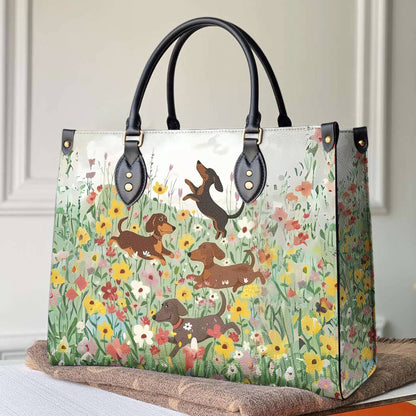  Leather Bag Traditional Dachshund In Flower Garden
