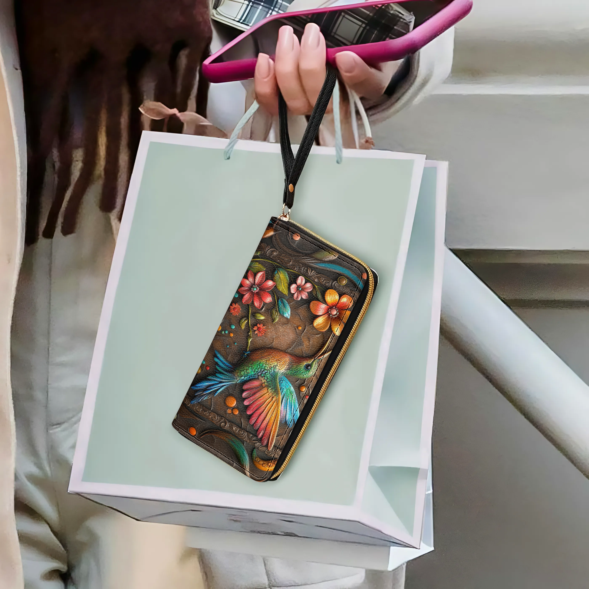 Leather Clutch Purse With Wristlet Strap Handle Hummingbird And Flower