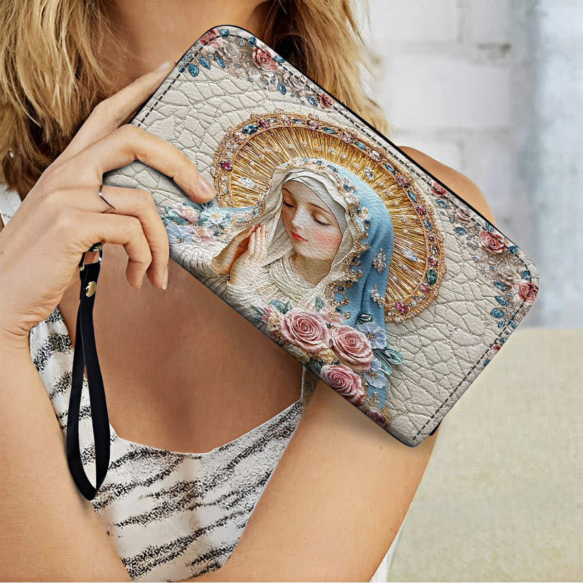  Leather Clutch Purse With Wristlet Strap Handle Divine Elegance Virgin Mary