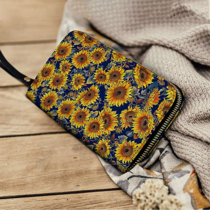  Leather Clutch Purse With Wristlet Strap Handle Sunflower Gorgeous Flower