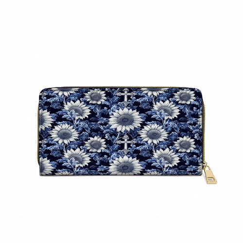  Leather Clutch Purse With Wristlet Strap Handle Midnight Blue Sunflower Cross